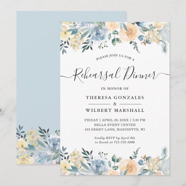 Subtle Vanilla Blue Floral Rehearsal Dinner Invitation (Front/Back)