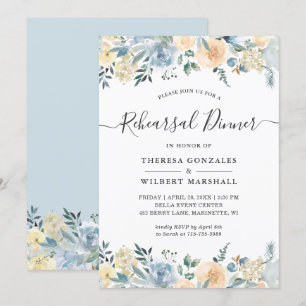 Subtle Vanilla Blue Floral Rehearsal Dinner Invitation
