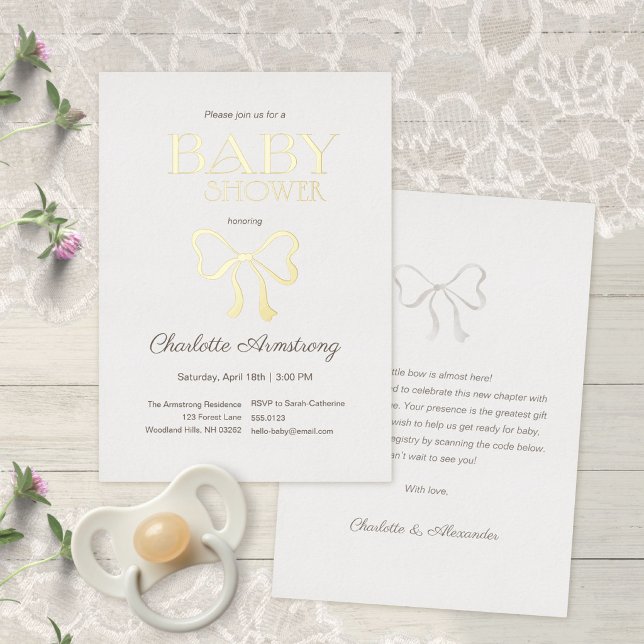 Subtle Warm Cream Elegant Bow Baby Shower (Warm Cream Elegant Minimalist Bow Baby Shower Foil Invitation ©Susanne Sachers - Sunny Mind 🌞)
