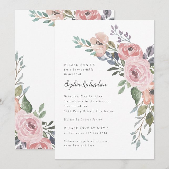Subtle Watercolor Roses | Baby Sprinkle Invitation (Front/Back)