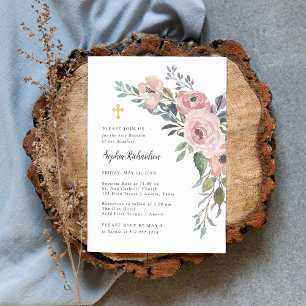 Subtle Watercolor Roses Baptism with Gold Cross Invitation
