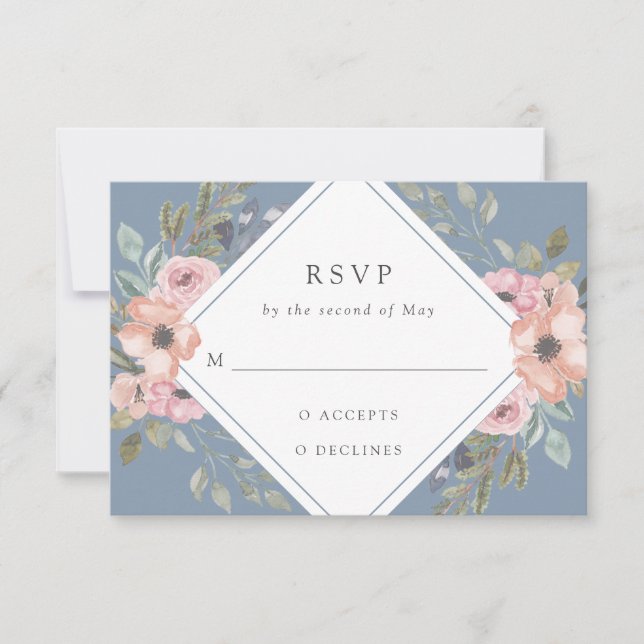 Subtle Watercolor Roses | Dusty Blue Wedding RSVP Card (Front)