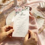 Subtle Watercolor Roses | Wedding Flowers Menu<br><div class="desc">These lovely trendy wedding menu cards feature a watercolor floral bouquet of dusty coloured roses and flowers in shades of purple,  pink,  blue,  and greenery,  with elegant modern text and calligraphy on a white background.</div>