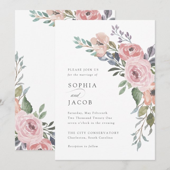 Subtle Watercolor Roses | Wedding Invitation (Front/Back)