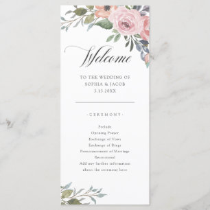 Subtle Watercolor Roses Wedding Welcome Programme