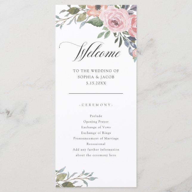 Subtle Watercolor Roses | Wedding Welcome Programme (Front)