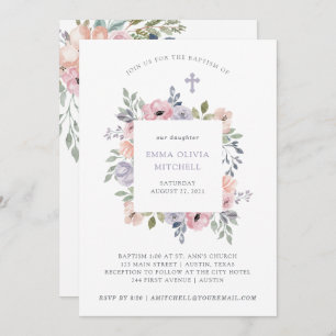 Subtle Watercolor Roses with Cross   Baptism Invitation