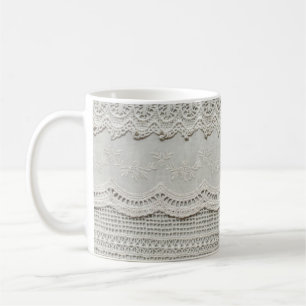 Subtle white lace, textile close-up. coffee mug