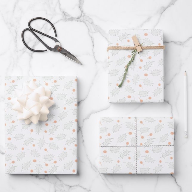 Subtle Winter Holly Berry Pattern Wrapping Paper Sheet (Front)