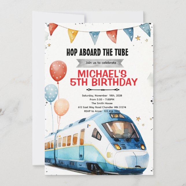 Subway metro train birthday invitation (Front)