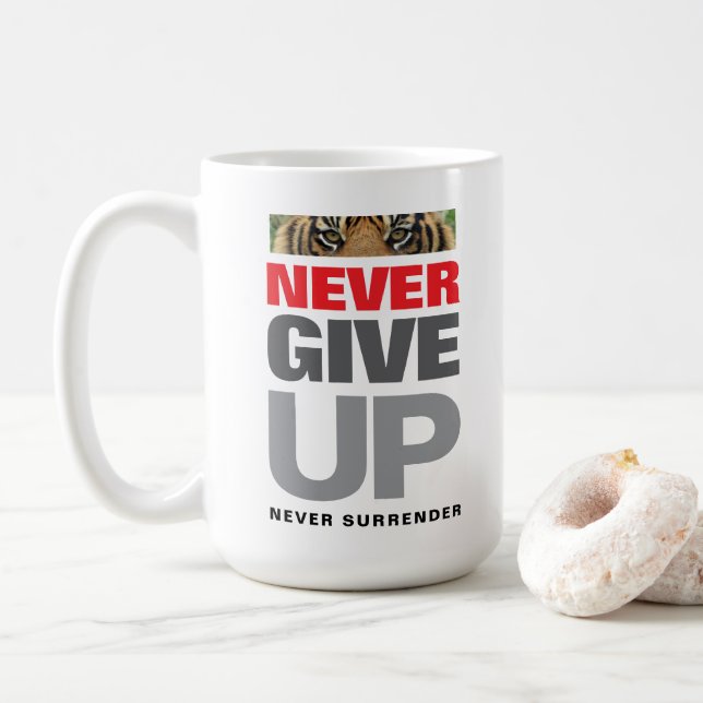 Success Quote Never Give Up Never Surrender Coffee Mug (With Donut)