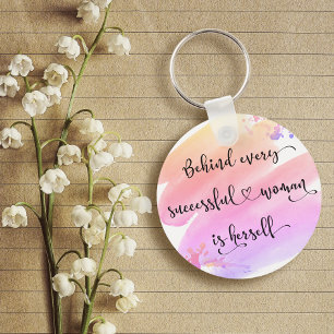 “Successful Woman” Pink Watercolor Chic Typography Key Ring