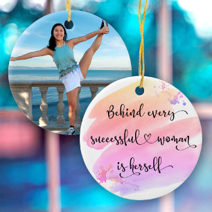 Successful Woman, Pink Watercolor Typography Photo Ceramic Tree Decoration