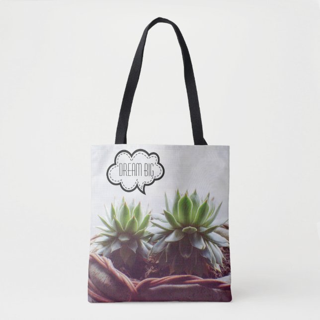 Succulent Aeonium Dream Big Phrase Tote Bag (Front)