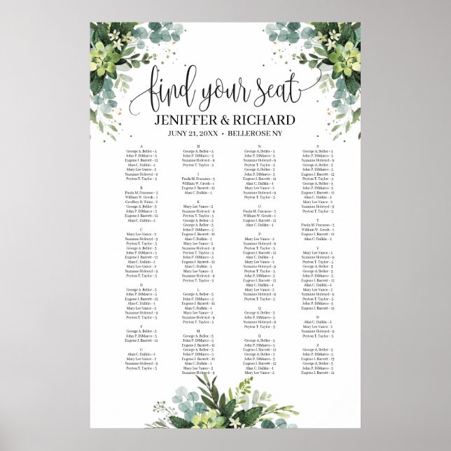 Succulent alphabetical greenery seating chart (Front)
