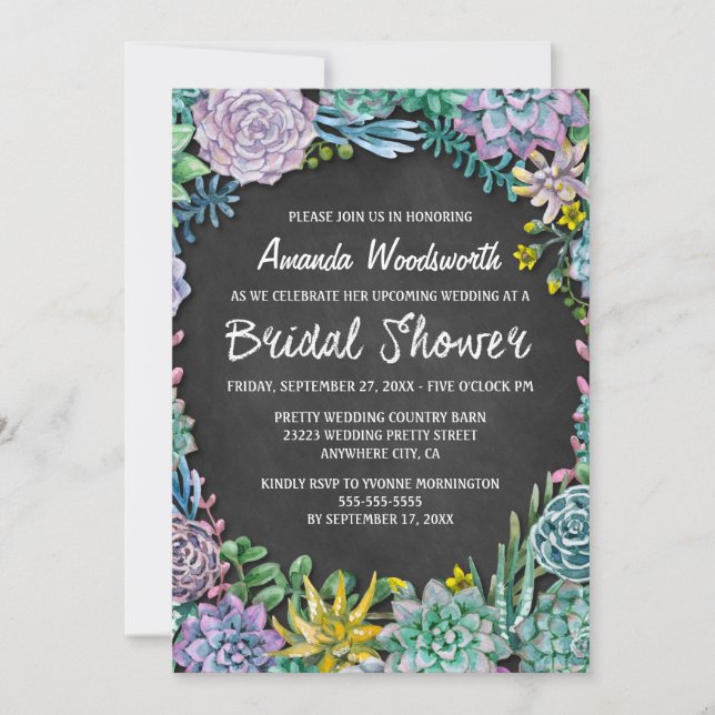 Succulent and Chalkboard Bridal Shower Invitations (Front)