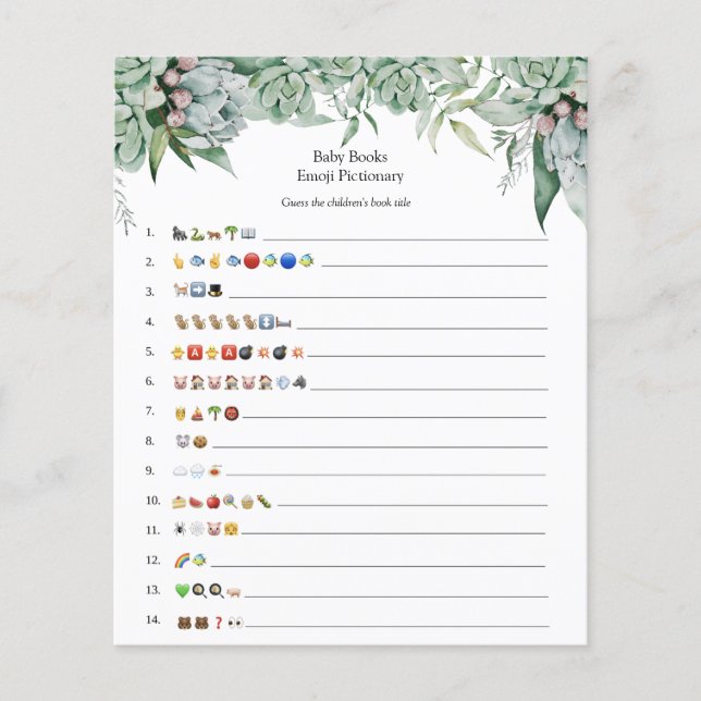 Succulent and Eucalyptus Baby Books Emoji Game  (Front)