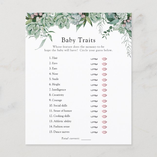 Succulent and Eucalyptus Baby Traits Shower Game (Front)