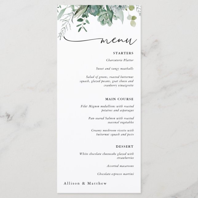 Succulent and Eucalyptus Greenery Wedding Menu (Front)
