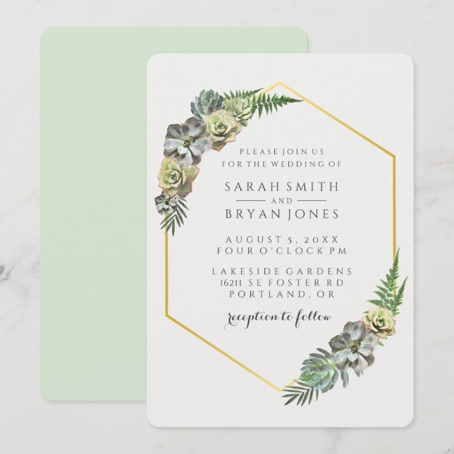 Succulent and Gold Geometric Wedding Invitation (Front/Back)