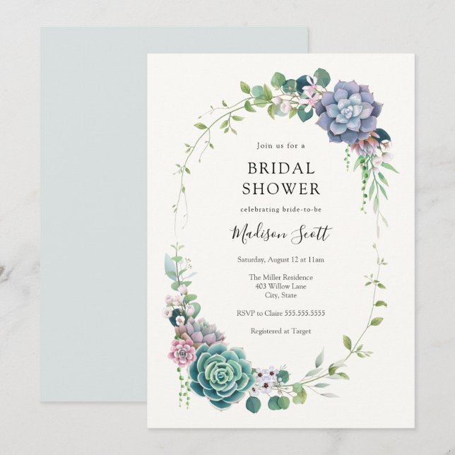 Succulent and Greenery Frame Bridal Shower Invitation (Front/Back)
