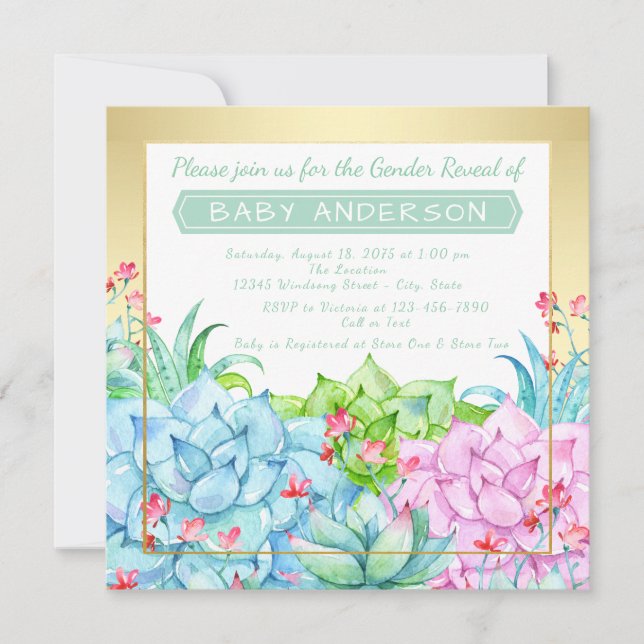 Succulent Baby Shower Gender Reveal Invitations (Front)