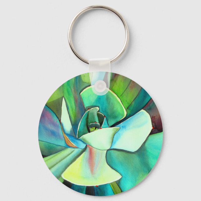 Succulent blue and green desert watercolour art key ring (Front)