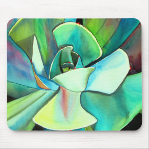 Succulent blue and green desert watercolour art mouse mat