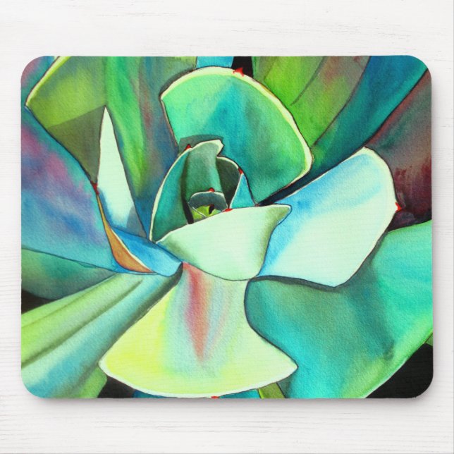 Succulent blue and green desert watercolour art mouse mat (Front)
