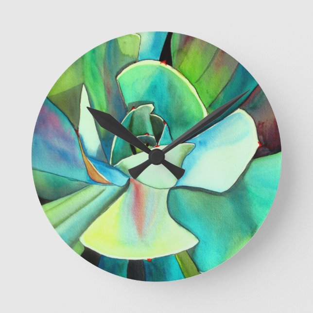 Succulent blue and green desert watercolour art round clock (Front)
