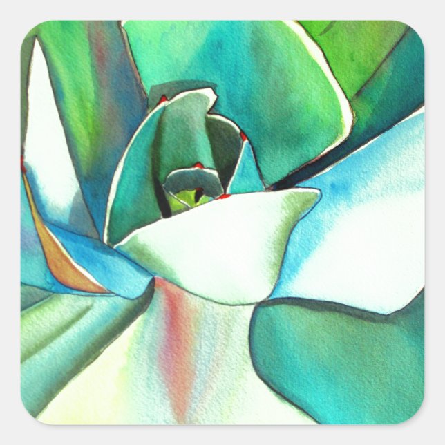 Succulent blue and green desert watercolour art square sticker (Front)