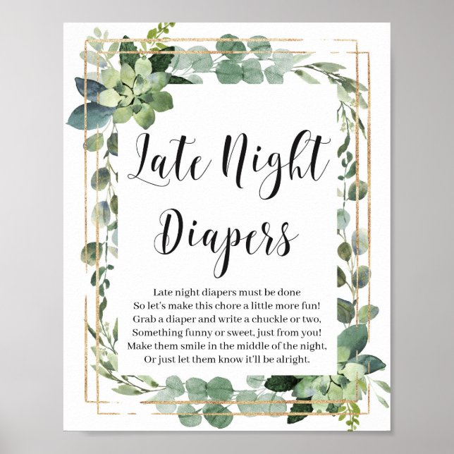 Succulent boho greenery late night diapers game poster (Front)