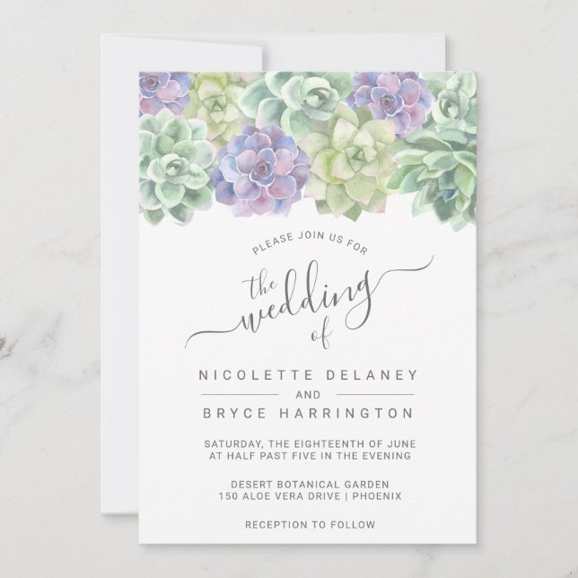 Succulent Botanical Green Purple Wedding Invitation (Front)