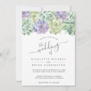 Succulent Botanical Green Purple Wedding Invitation