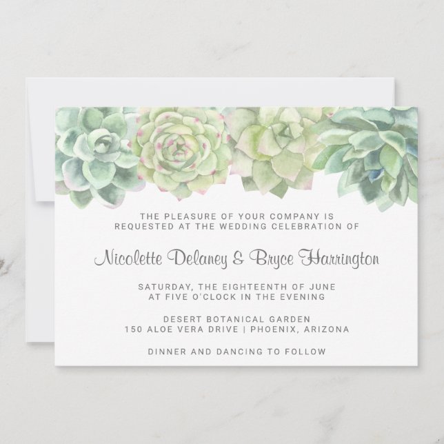 Succulent Botanical Green Watercolor Wedding Invitation (Front)