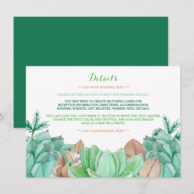 Succulent Bouquet Botanical Floral Wedding Detail Enclosure Card (Front/Back)
