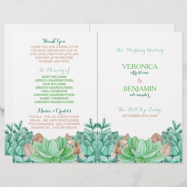 Succulent Bouquet Botanical Floral Wedding Program (Front/Back)