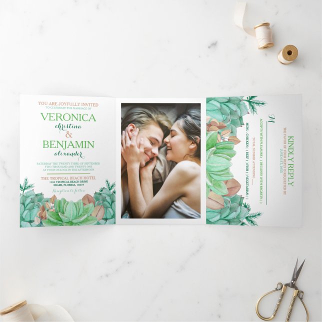 Succulent Bouquet Botanical Floral Wedding Suite Tri-Fold Invitation (Inside)