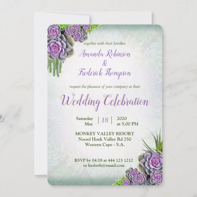 Succulent Bouquet Hues of Sea foam & Laven Wedding Invitation (Front)
