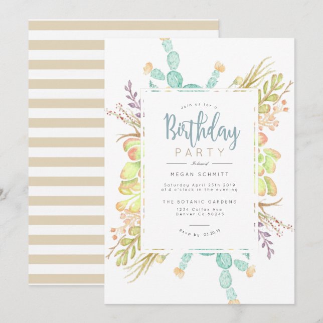 Succulent Bouquet Watercolor | Birthday Invite (Front/Back)