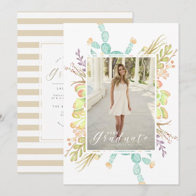 Succulent Bouquet Watercolor | Graduation Party Invitation (Front/Back)