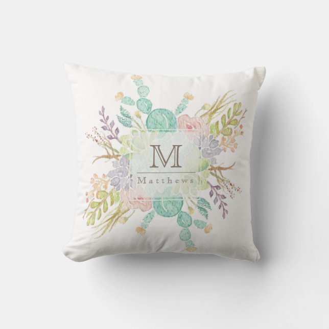 Succulent Bouquet Watercolor | Initial Cushion (Front)