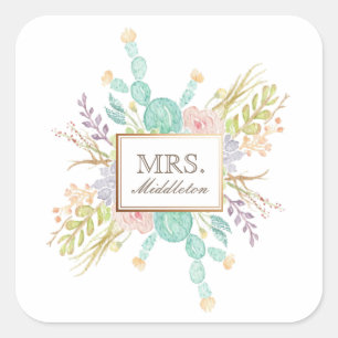 Succulent Bouquet Watercolor Name Square Sticker