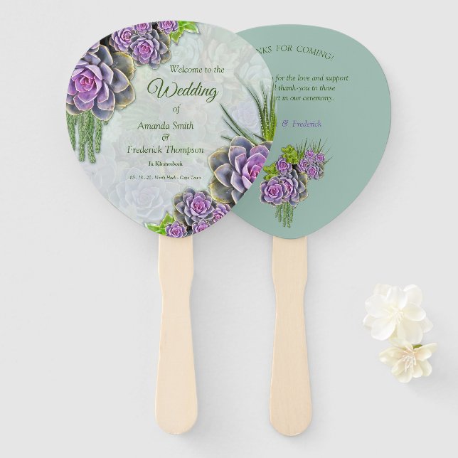 Succulent bouquets' for a garden wedding hand fan (Front and Back)