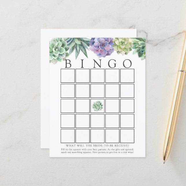 Succulent Bridal Bingo Game Card (Front/Back In Situ)
