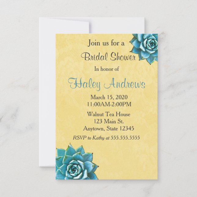 Succulent Bridal Shower Watercolor Yellow Lace Invitation (Front)