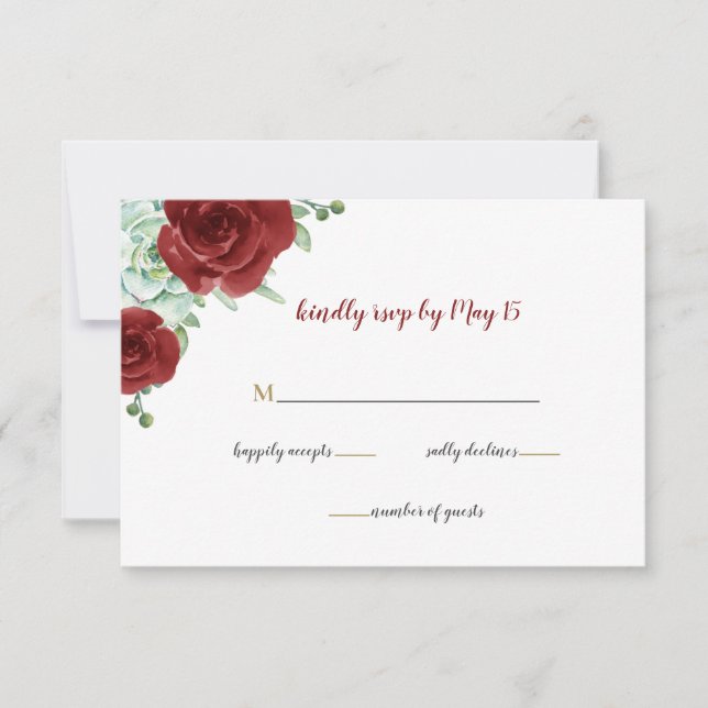 succulent burgundy gold floral wedding rsvp card (Front)
