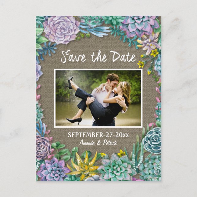 Succulent Burlap Wedding Save The Date Cards (Front)