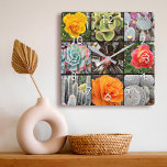 Succulent cacti roses flower photography collage square wall clock<br><div class="desc">Brilliantly red, yellow, and orange-hued roses and lush green, aqua, and black cacti shout warm, summer days. Enjoy the blossoms and the peaceful atmosphere of a vibrant garden whenever you check the time on this stunning, graphic photography wall clock. Makes a great housewarming gift! You can easily personalise this wall...</div>