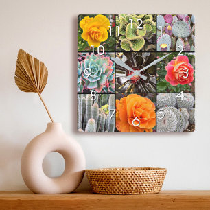 Succulent cacti roses flower photography collage square wall clock